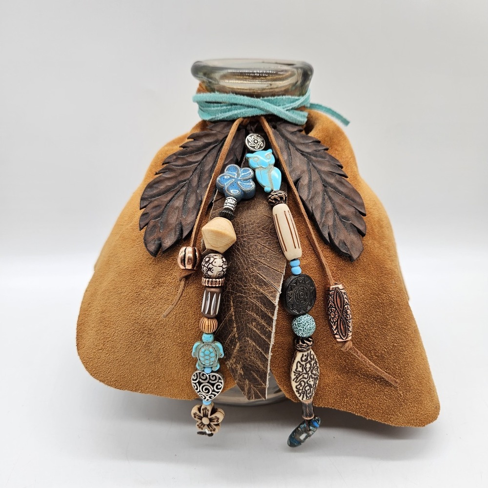Southwestern Western Hand Decorated Glass Vase Leather Suede Beads Boho 7.25"